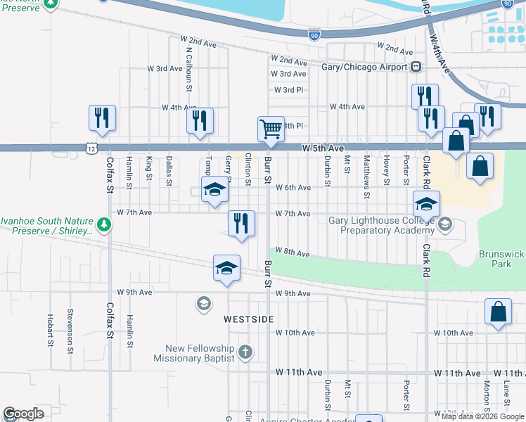map of restaurants, bars, coffee shops, grocery stores, and more near 690 Burr Street in Gary