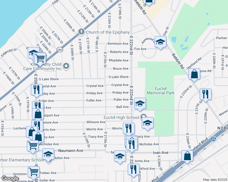 map of restaurants, bars, coffee shops, grocery stores, and more near 21690 Crystal Avenue in Euclid