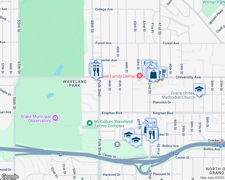 map of restaurants, bars, coffee shops, grocery stores, and more near 1143 46th Street in Des Moines