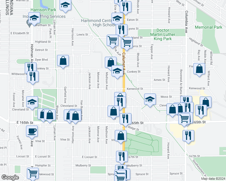 map of restaurants, bars, coffee shops, grocery stores, and more near 6302 Jefferson Avenue in Hammond