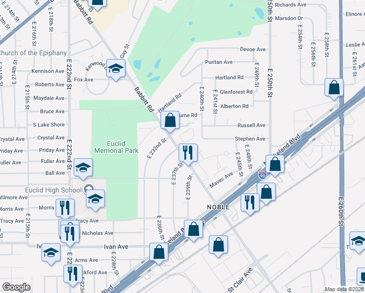 map of restaurants, bars, coffee shops, grocery stores, and more near 731 Babbitt Road in Euclid
