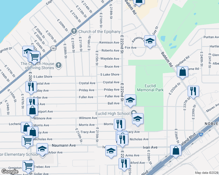 map of restaurants, bars, coffee shops, grocery stores, and more near 21970 Crystal Avenue in Euclid