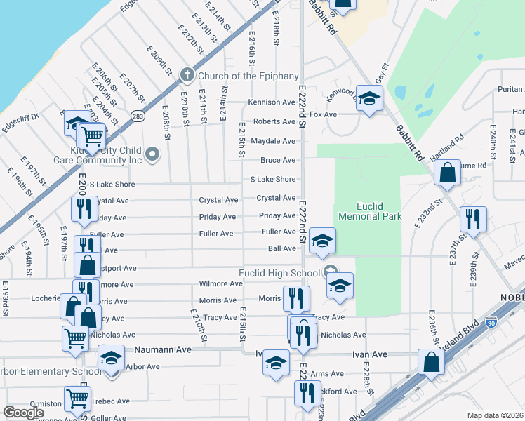 map of restaurants, bars, coffee shops, grocery stores, and more near 21690 Crystal Avenue in Euclid