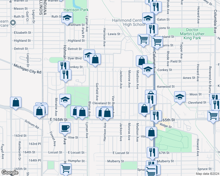 map of restaurants, bars, coffee shops, grocery stores, and more near 6253 Harrison Avenue in Hammond