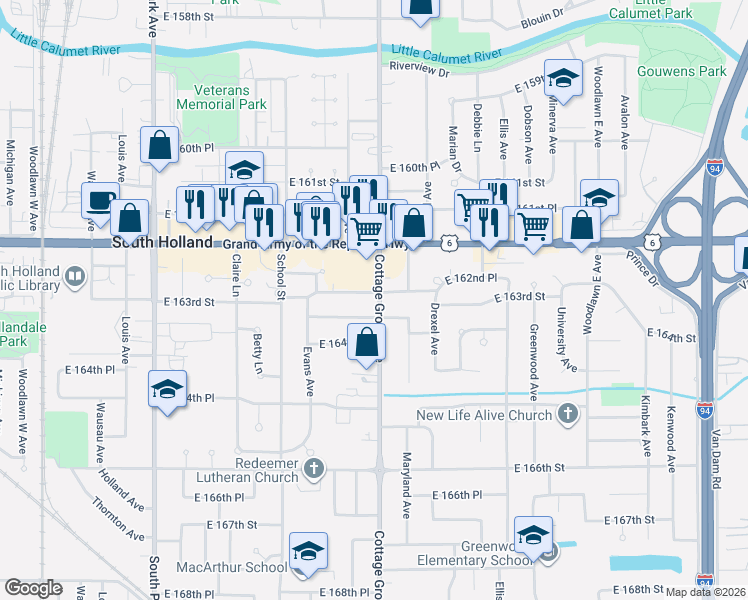 map of restaurants, bars, coffee shops, grocery stores, and more near 774 East 163rd Street in South Holland