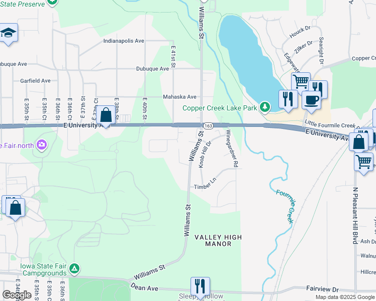 map of restaurants, bars, coffee shops, grocery stores, and more near 1040 Williams Street in Des Moines