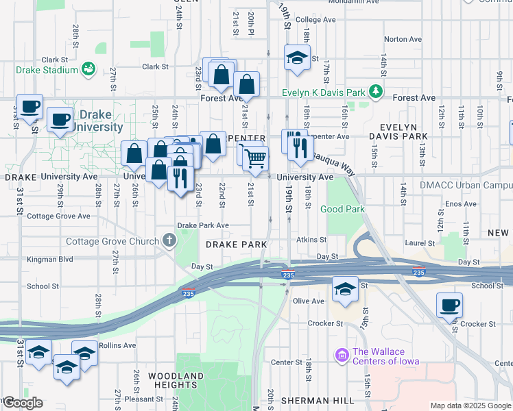 map of restaurants, bars, coffee shops, grocery stores, and more near 1162 21st Street in Des Moines