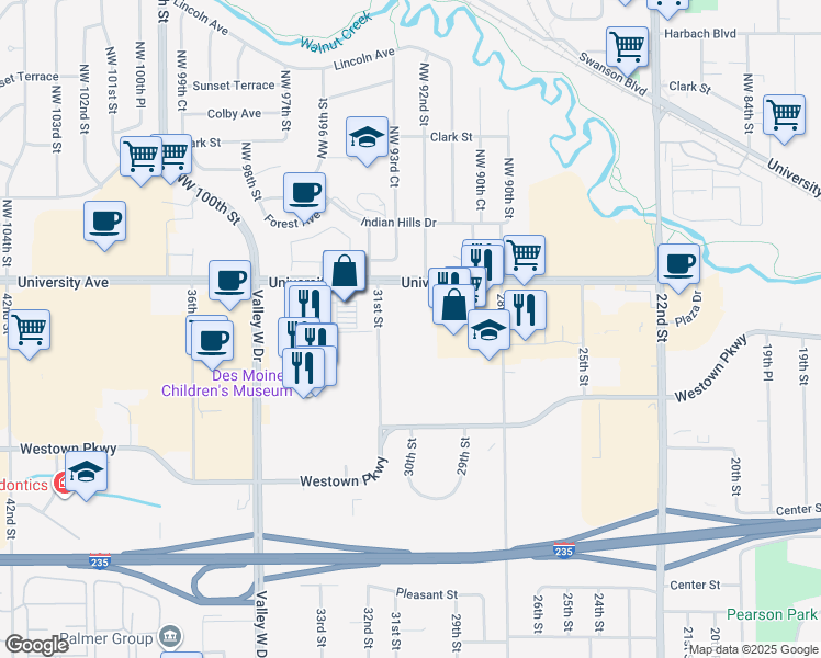 map of restaurants, bars, coffee shops, grocery stores, and more near 3000 University Avenue in West Des Moines