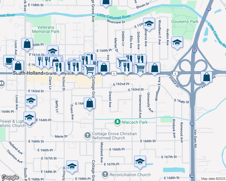 map of restaurants, bars, coffee shops, grocery stores, and more near 16246 Drexel Avenue in South Holland