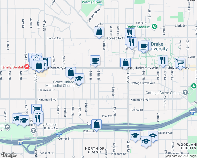 map of restaurants, bars, coffee shops, grocery stores, and more near 35th Street in Des Moines