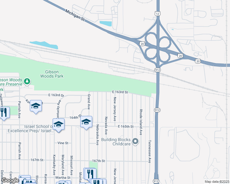 map of restaurants, bars, coffee shops, grocery stores, and more near 3727 E 163rd St in Hammond