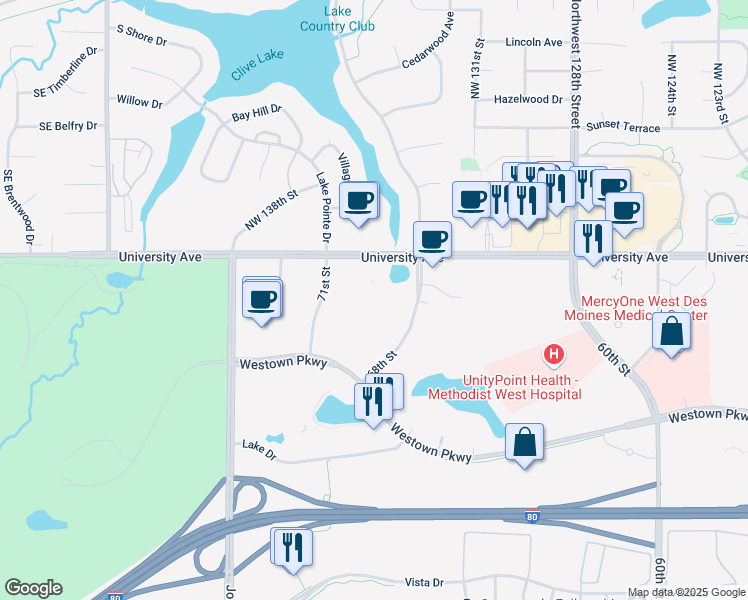 map of restaurants, bars, coffee shops, grocery stores, and more near 7001 Westown Parkway in West Des Moines