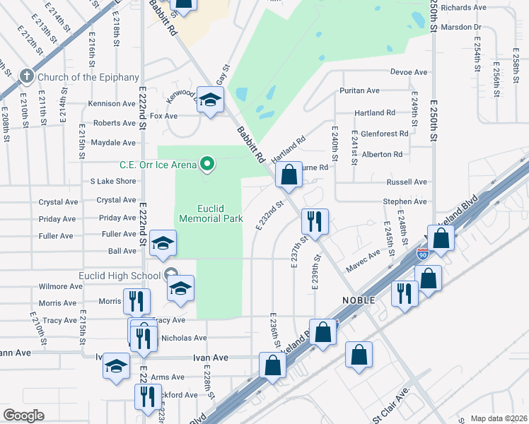 map of restaurants, bars, coffee shops, grocery stores, and more near 730 East 232nd Street in Euclid