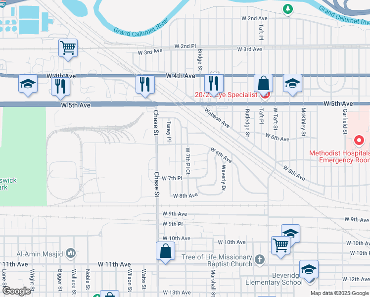 map of restaurants, bars, coffee shops, grocery stores, and more near 607 Taney Street in Gary