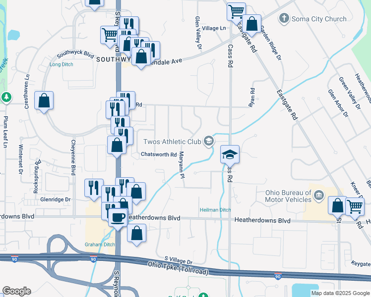 map of restaurants, bars, coffee shops, grocery stores, and more near 4956 Lynbridge Lane in Toledo