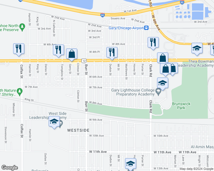 map of restaurants, bars, coffee shops, grocery stores, and more near 5110 West 7th Avenue in Gary