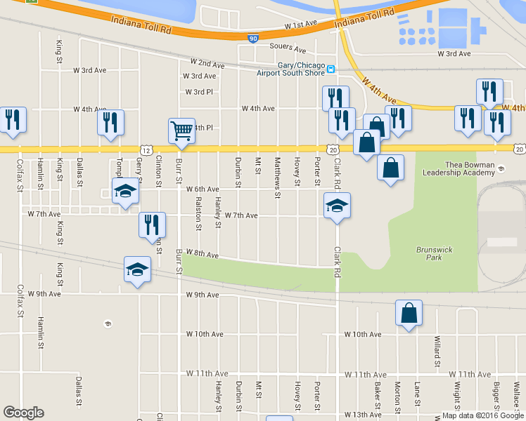 map of restaurants, bars, coffee shops, grocery stores, and more near 4924 West 7th Avenue in Gary