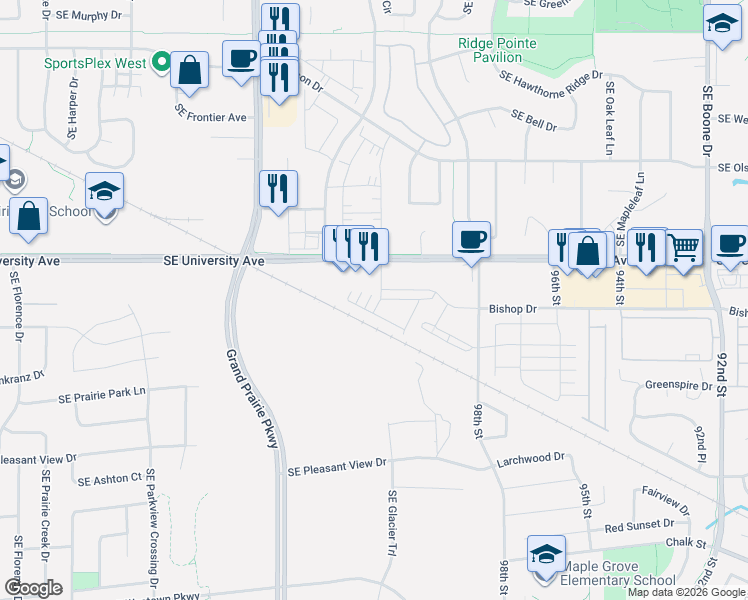 map of restaurants, bars, coffee shops, grocery stores, and more near 1272 Southeast Bishop Drive in Waukee