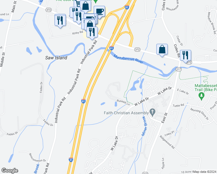 map of restaurants, bars, coffee shops, grocery stores, and more near 65 Russett Lane in Middletown