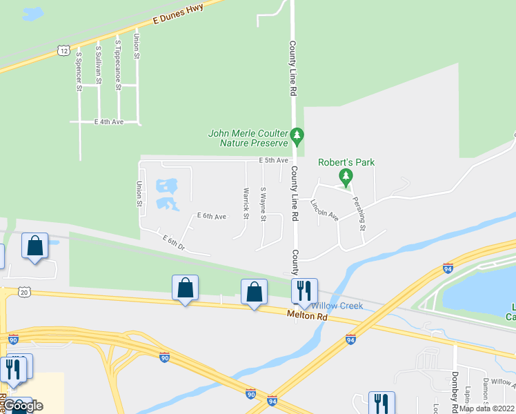 map of restaurants, bars, coffee shops, grocery stores, and more near 543 Warrick Street in Gary