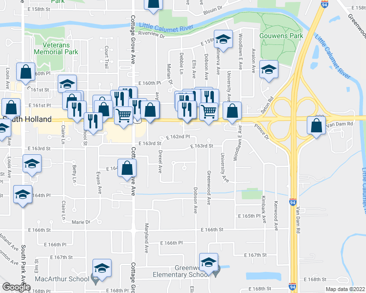 map of restaurants, bars, coffee shops, grocery stores, and more near 958 East 163rd Street in South Holland
