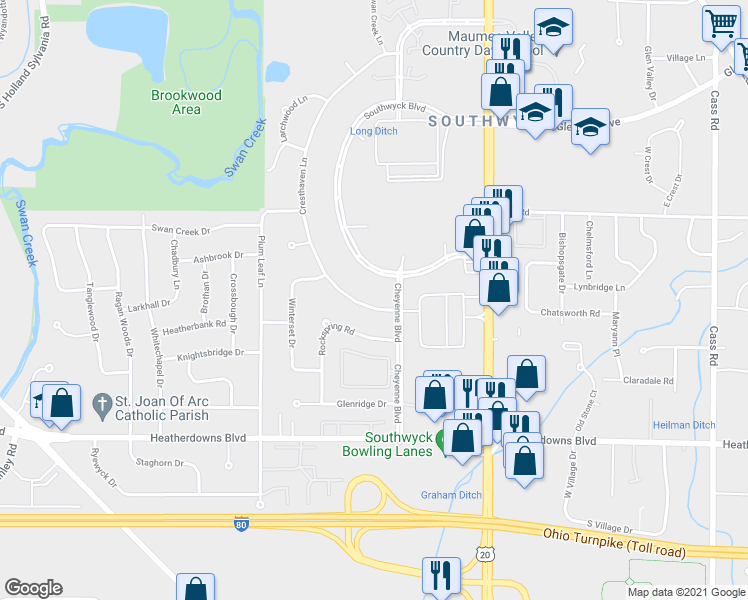 map of restaurants, bars, coffee shops, grocery stores, and more near 5412 Cresthaven Lane in Toledo