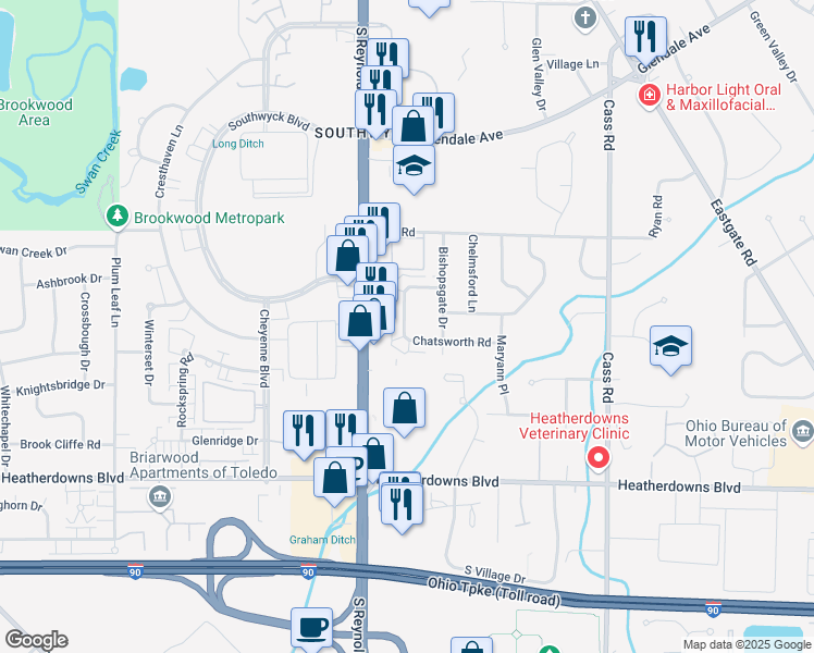 map of restaurants, bars, coffee shops, grocery stores, and more near 2221 Foxbourne Road in Toledo