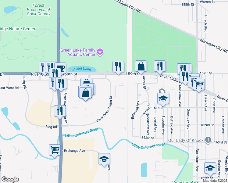map of restaurants, bars, coffee shops, grocery stores, and more near 1242 River Drive in Calumet City