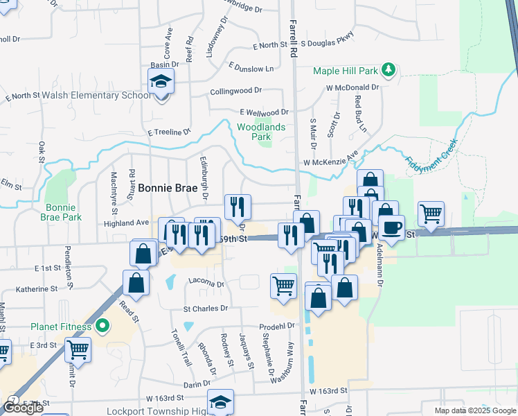 map of restaurants, bars, coffee shops, grocery stores, and more near 1304 Highland Avenue in Lockport