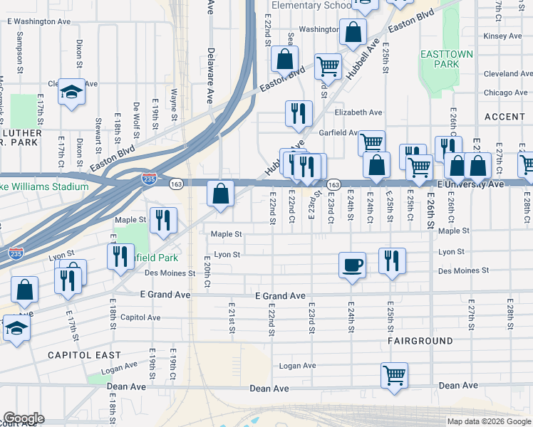 map of restaurants, bars, coffee shops, grocery stores, and more near 909 East 22nd Street in Des Moines