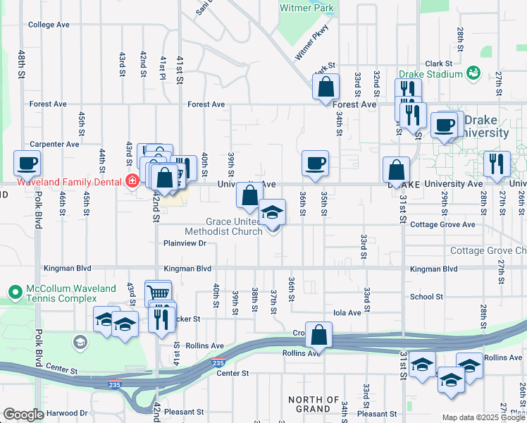 map of restaurants, bars, coffee shops, grocery stores, and more near 1130 37th Street in Des Moines