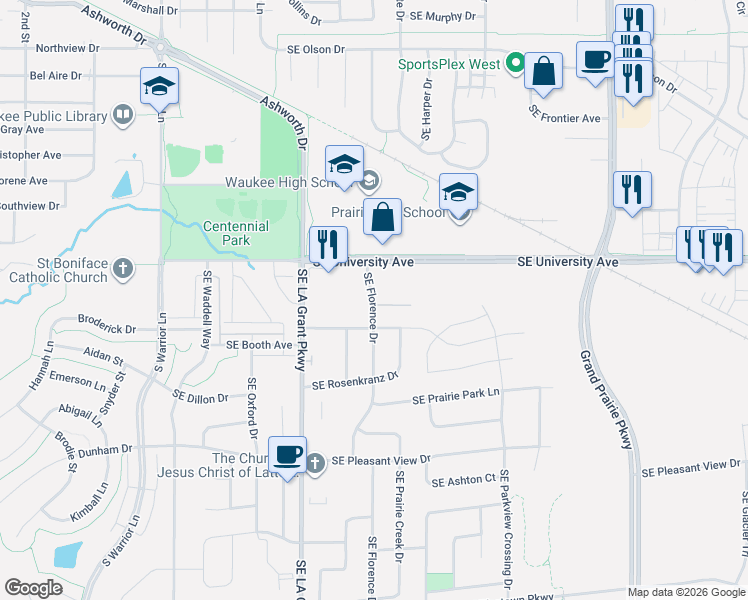map of restaurants, bars, coffee shops, grocery stores, and more near 1305 Southeast Florence Drive in Waukee