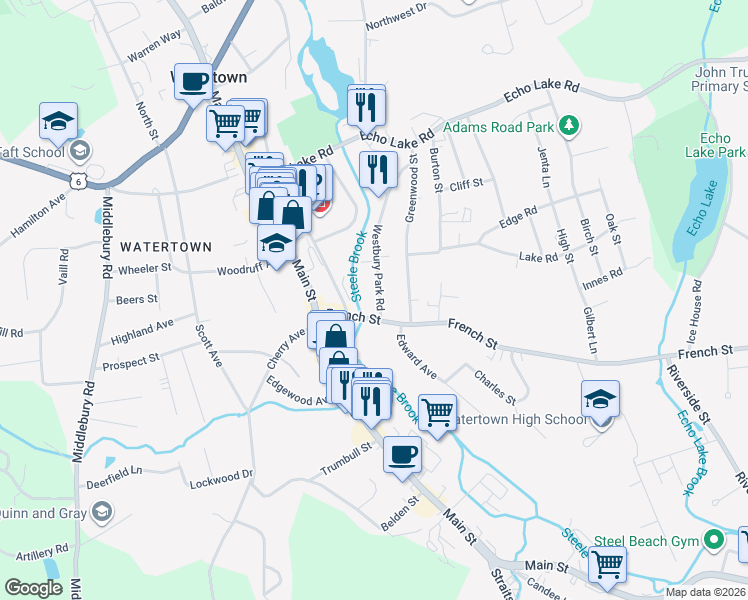 map of restaurants, bars, coffee shops, grocery stores, and more near 202 Westbury Park Road in Watertown