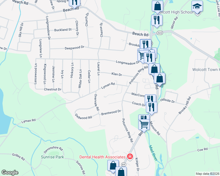map of restaurants, bars, coffee shops, grocery stores, and more near 56 Lyman Road in Wolcott