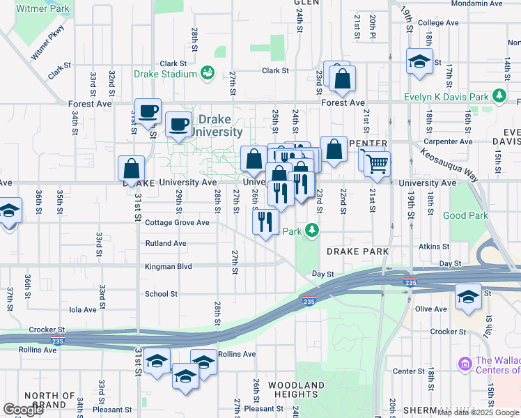 map of restaurants, bars, coffee shops, grocery stores, and more near 1141 26th Street in Des Moines