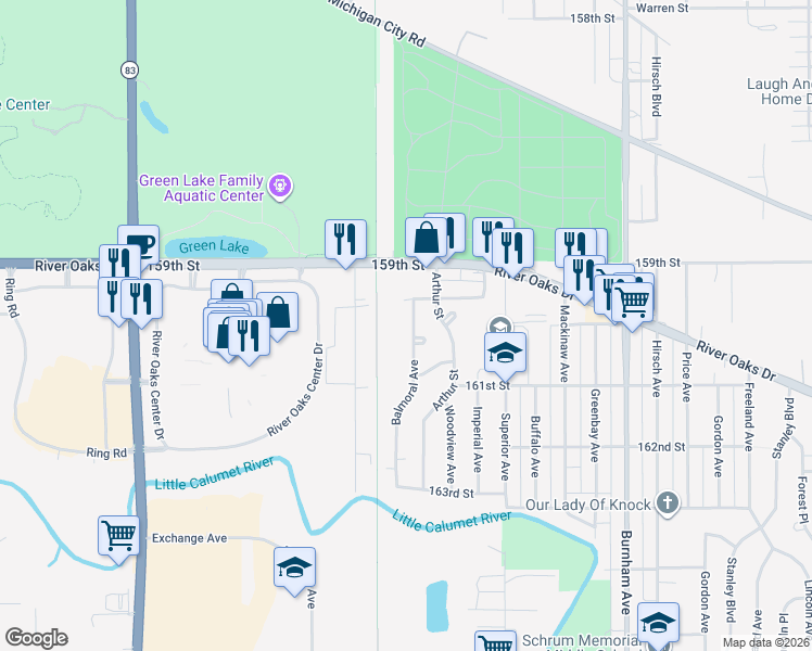 map of restaurants, bars, coffee shops, grocery stores, and more near 1244 Balmoral Avenue in Calumet City