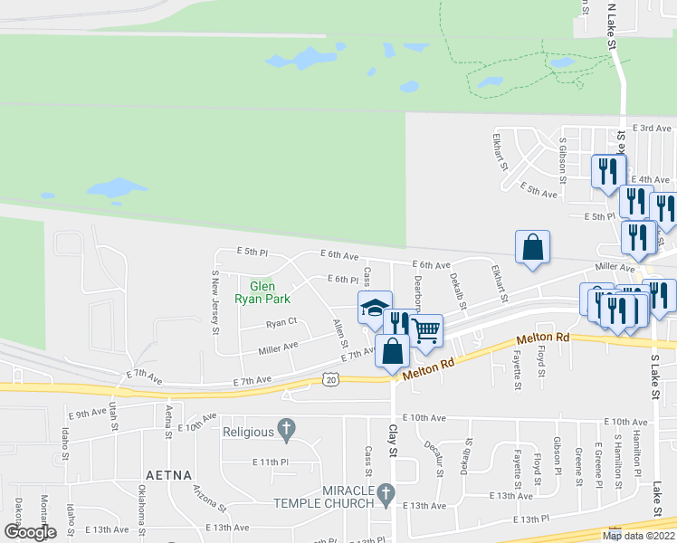 map of restaurants, bars, coffee shops, grocery stores, and more near 4548 East 6th Place in Gary