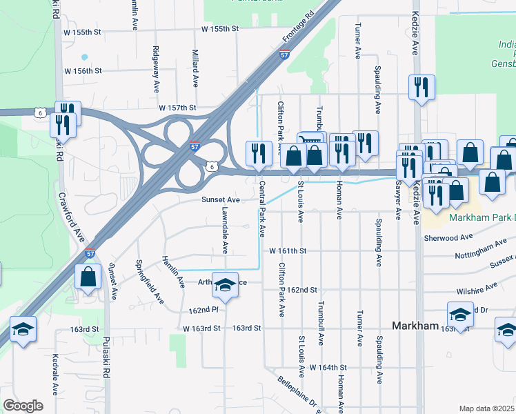 map of restaurants, bars, coffee shops, grocery stores, and more near 3603 Sunset Avenue in Markham