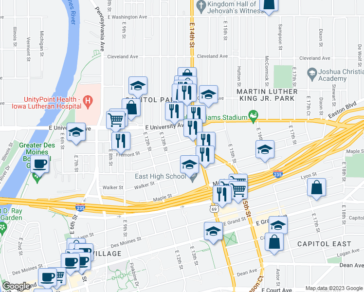 map of restaurants, bars, coffee shops, grocery stores, and more near 1329 Fremont Street in Des Moines