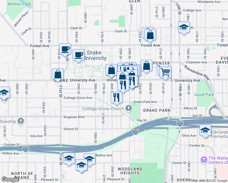 map of restaurants, bars, coffee shops, grocery stores, and more near 1143 26th Street in Des Moines