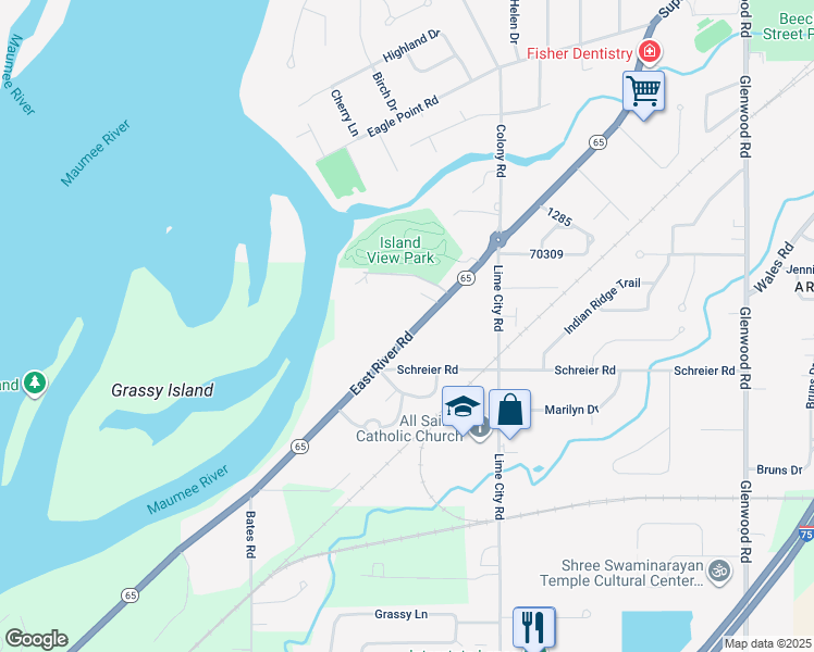 map of restaurants, bars, coffee shops, grocery stores, and more near 30861 East River Road in Perrysburg
