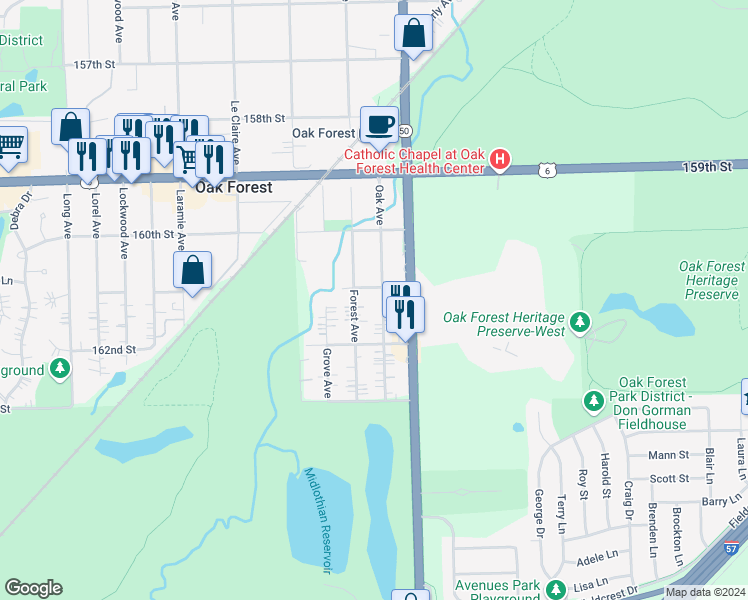 map of restaurants, bars, coffee shops, grocery stores, and more near 16104 Oak Avenue in Oak Forest