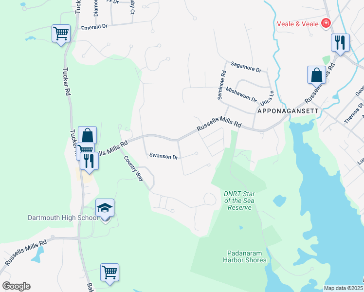 map of restaurants, bars, coffee shops, grocery stores, and more near 390 Russells Mills Road in Dartmouth