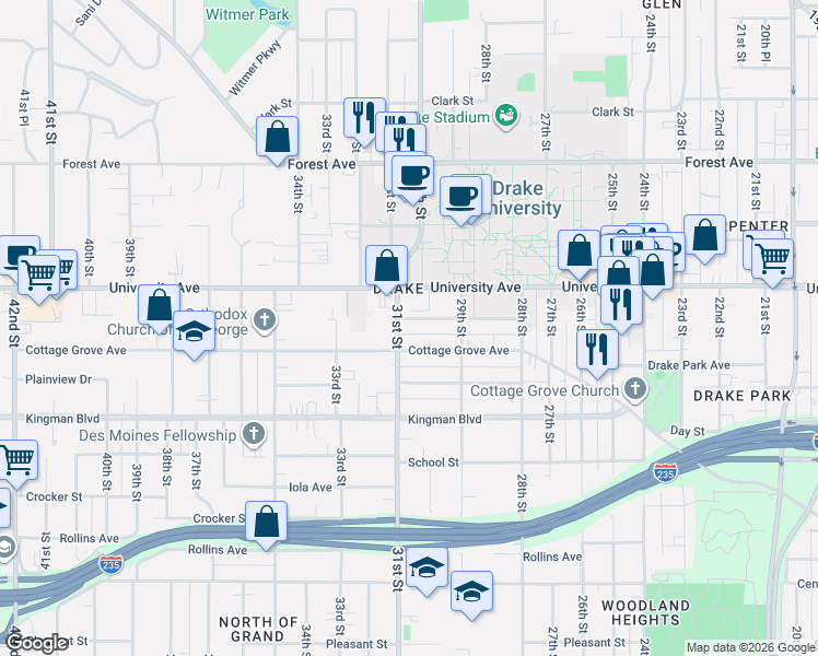 map of restaurants, bars, coffee shops, grocery stores, and more near 2932 Brattleboro Avenue in Des Moines