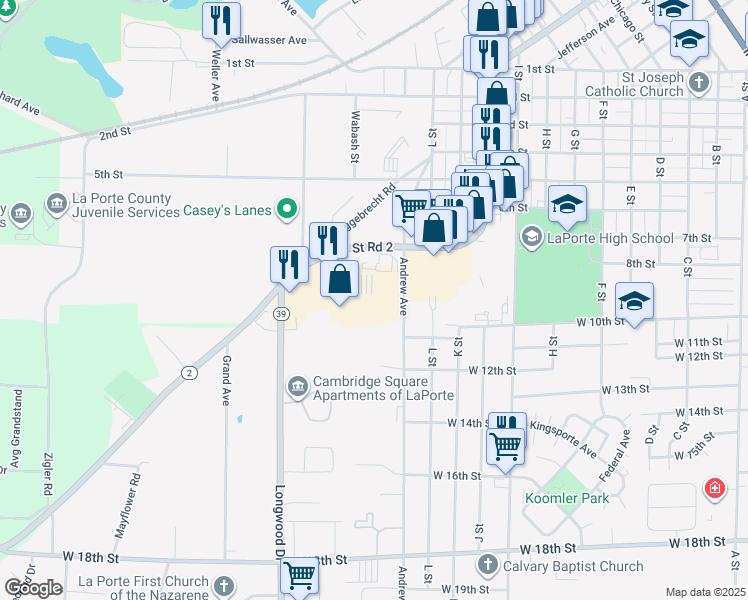 map of restaurants, bars, coffee shops, grocery stores, and more near 900 Andrew Avenue in La Porte