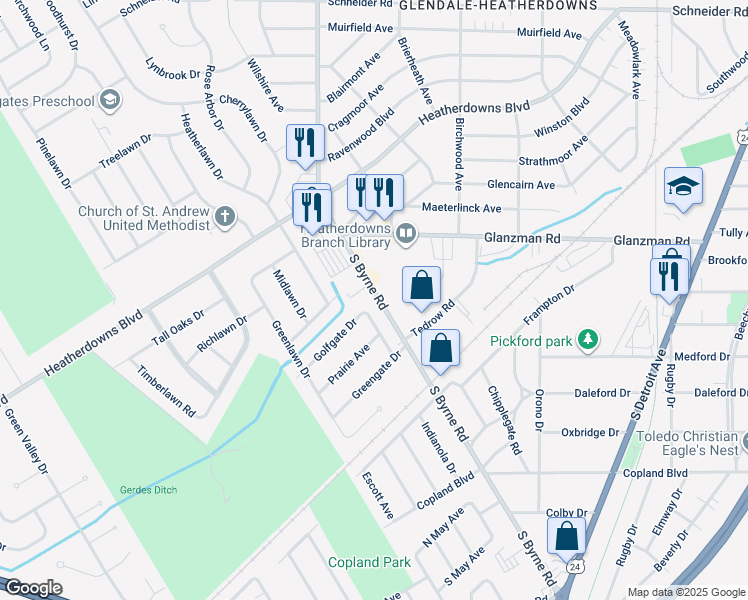 map of restaurants, bars, coffee shops, grocery stores, and more near 2237 Golfgate Drive in Toledo