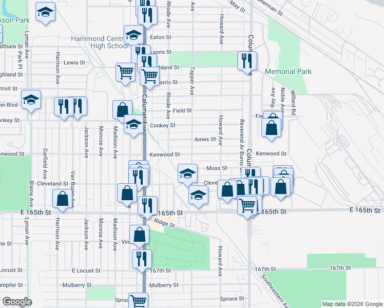 map of restaurants, bars, coffee shops, grocery stores, and more near Tapper Avenue in Hammond