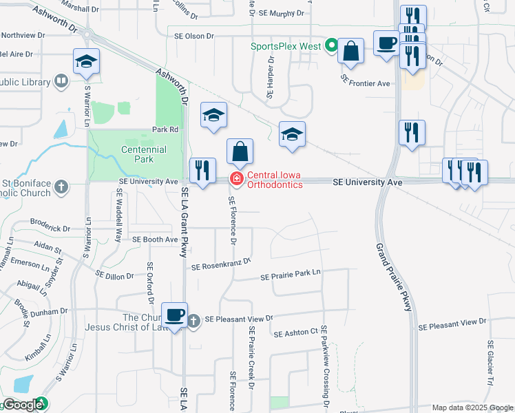map of restaurants, bars, coffee shops, grocery stores, and more near 1335 Southeast Florence Drive in Waukee