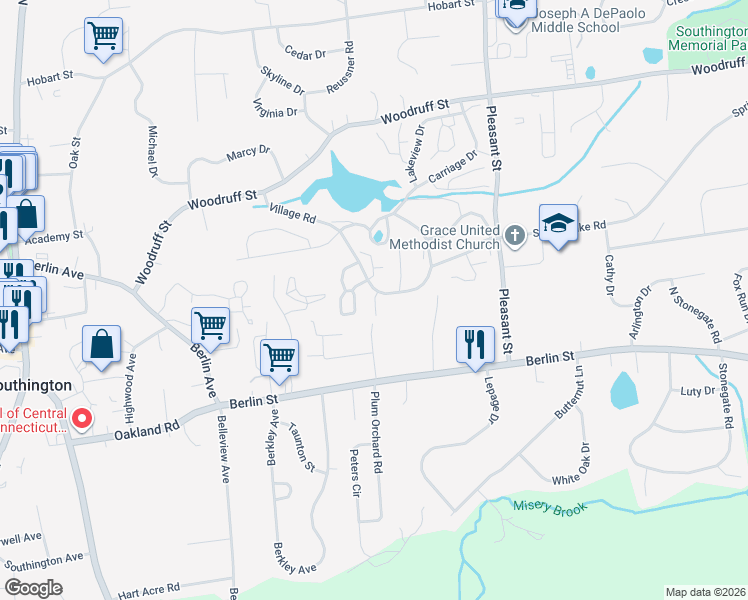 map of restaurants, bars, coffee shops, grocery stores, and more near 7 Hickory Hill Road in Southington