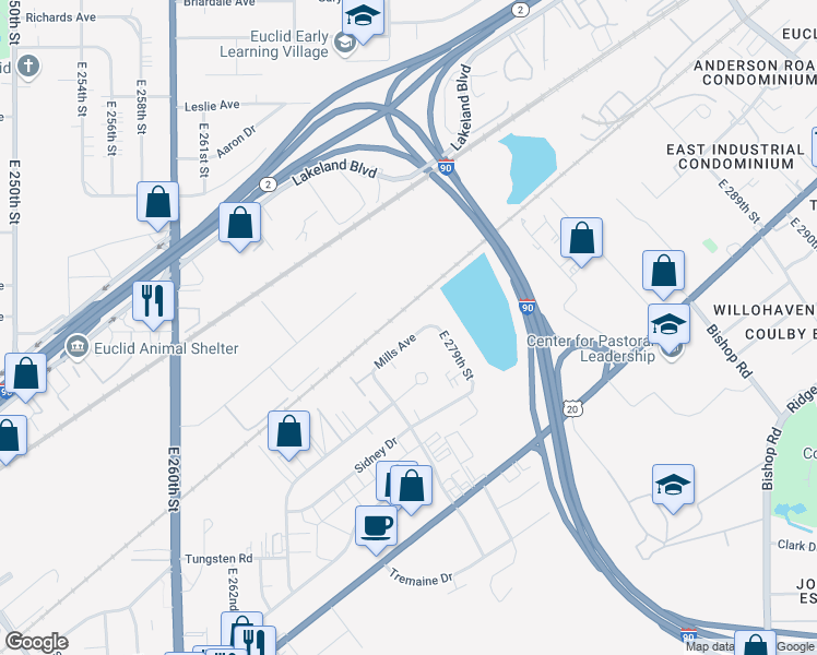 map of restaurants, bars, coffee shops, grocery stores, and more near 27801 Mills Avenue in Euclid
